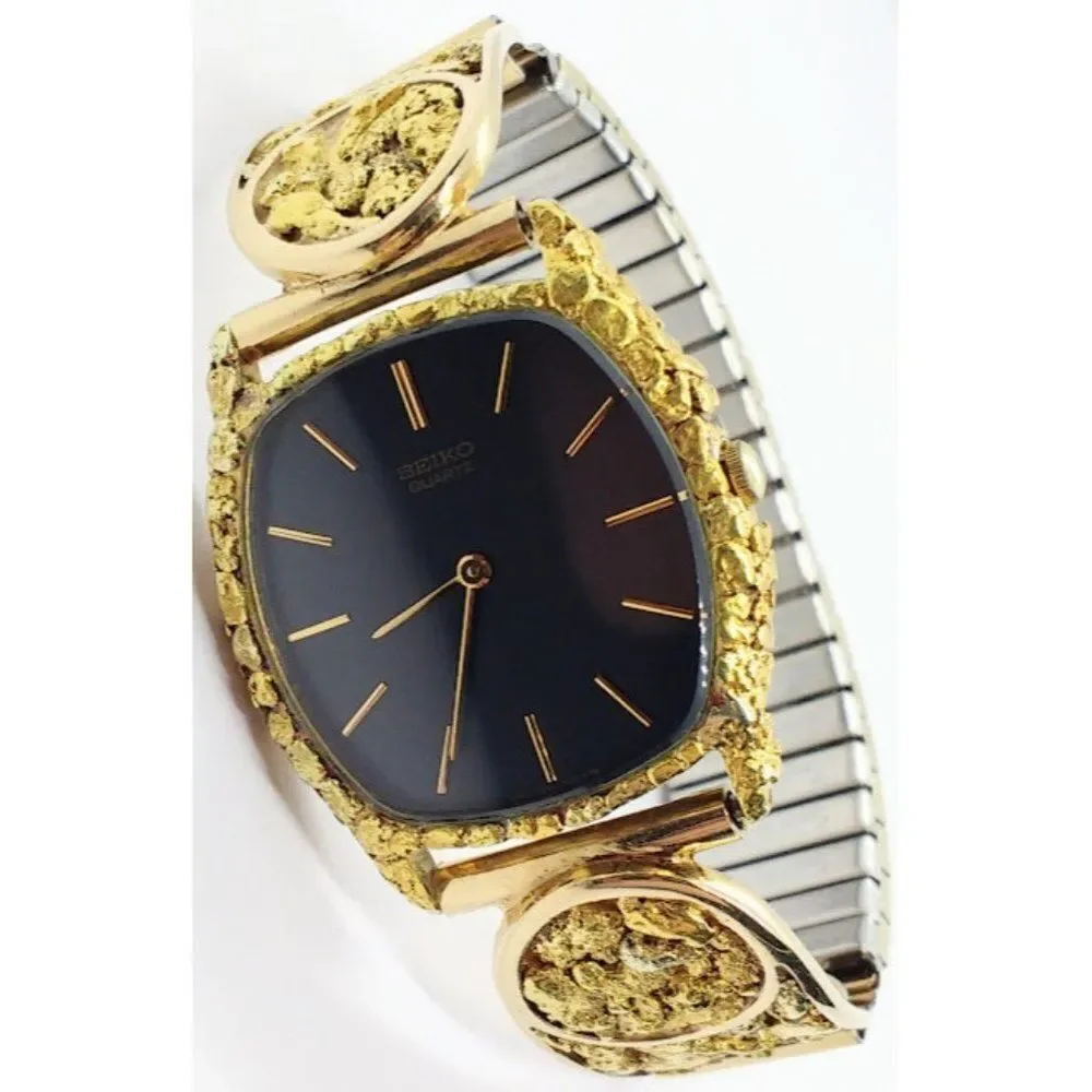 Vintage 1980 Men's Seiko Quartz Gold Nugget Embelished Men's Watch 1980's Retro